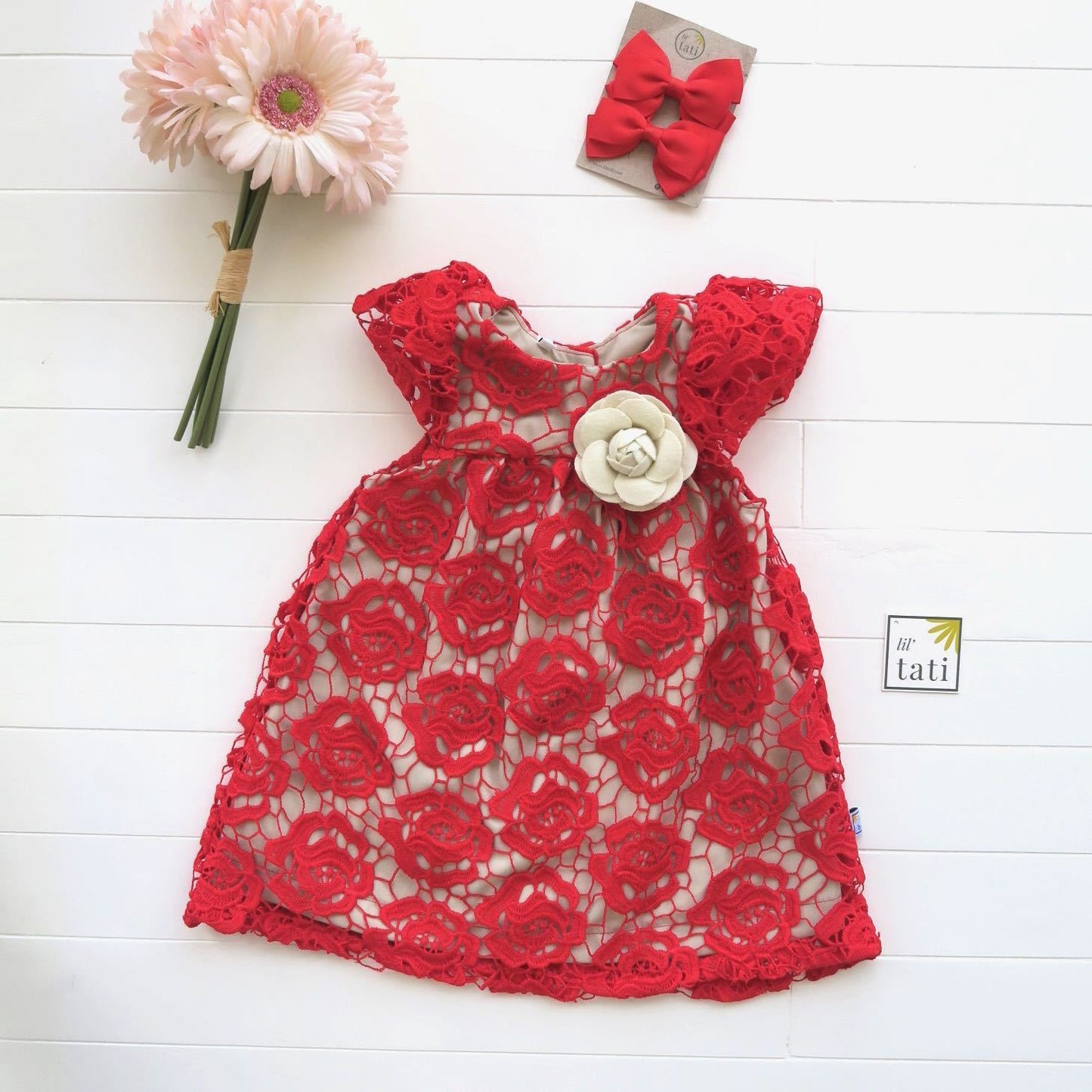 Magnolia Dress in Red Floral Lace - Lil' Tati