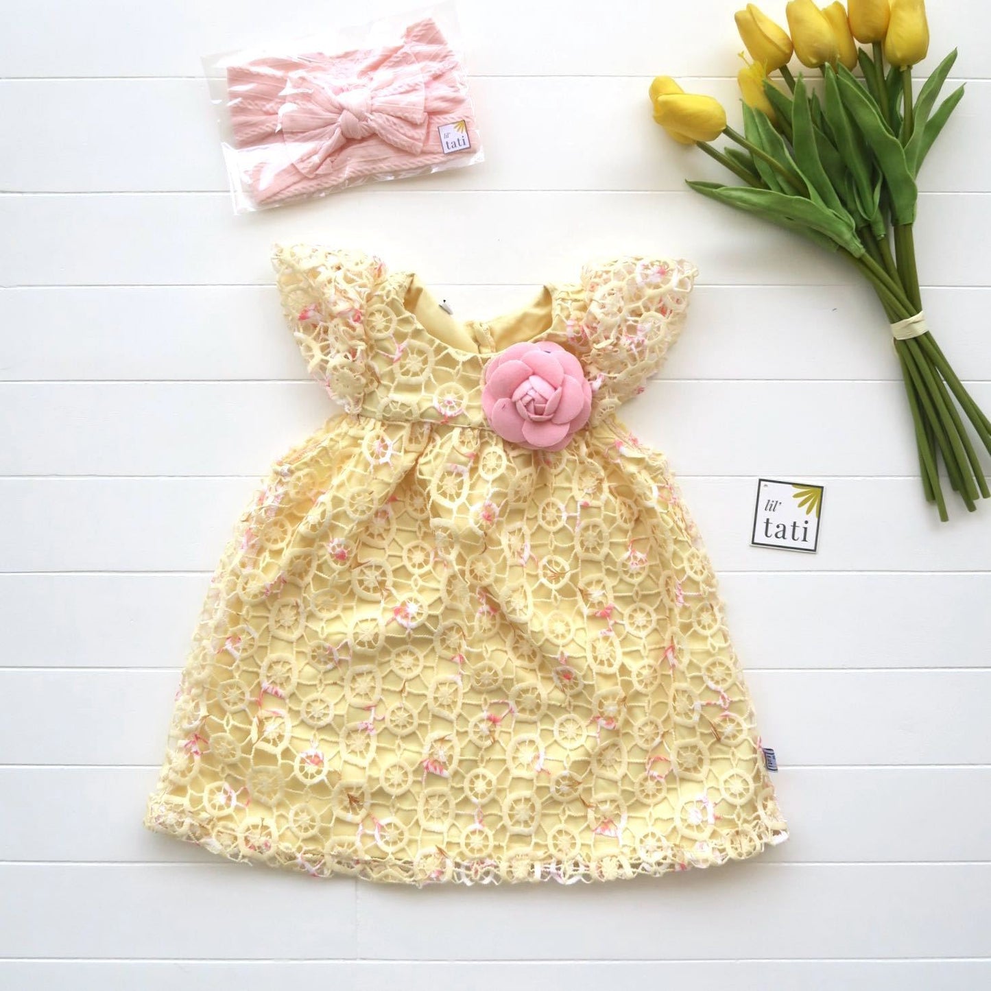 Magnolia Dress in Yellow Circlet Lace - Lil' Tati