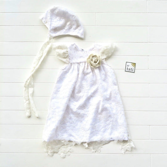 Magnolia Christening Set in Fine Lace Tulle Galaxy White - Lil' Tati