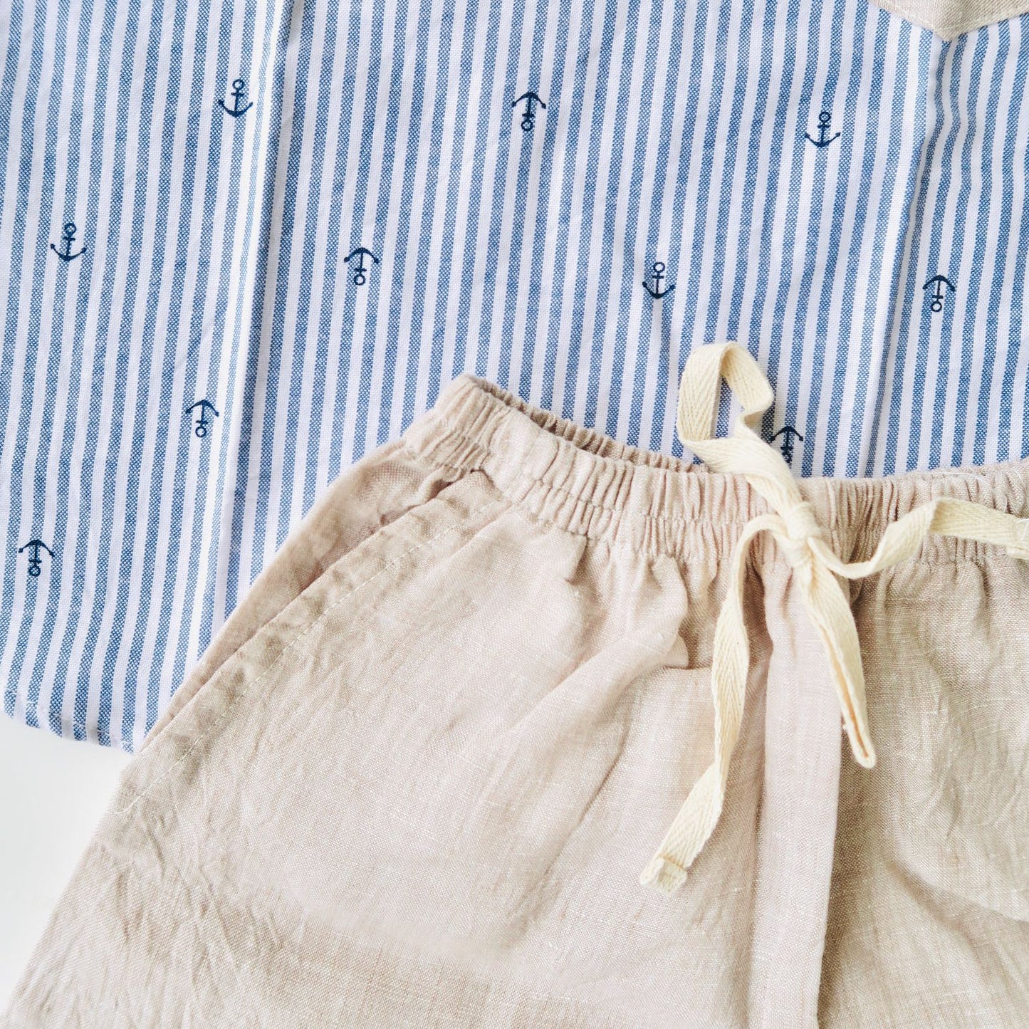 Maple Top & Shorts in Anchor Stripes and Dark Beige Linen - Lil' Tati