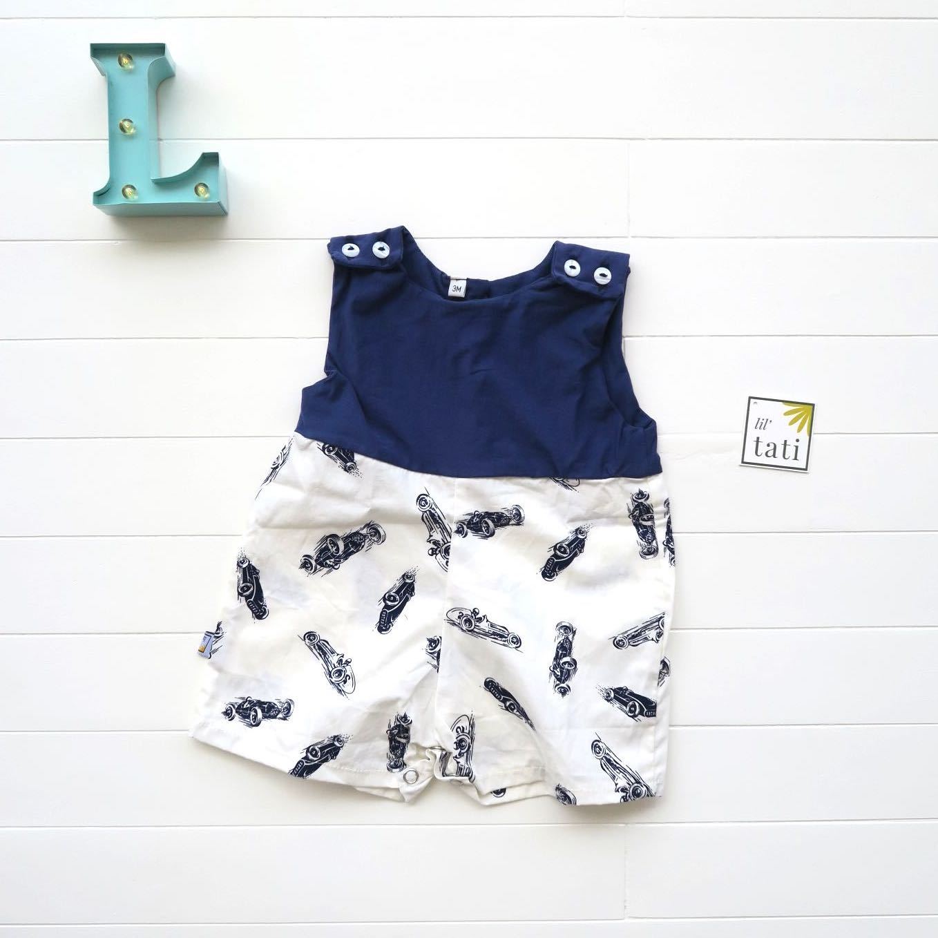Oak Playsuit in Navy Stretch and Race Car White Print - Lil' Tati