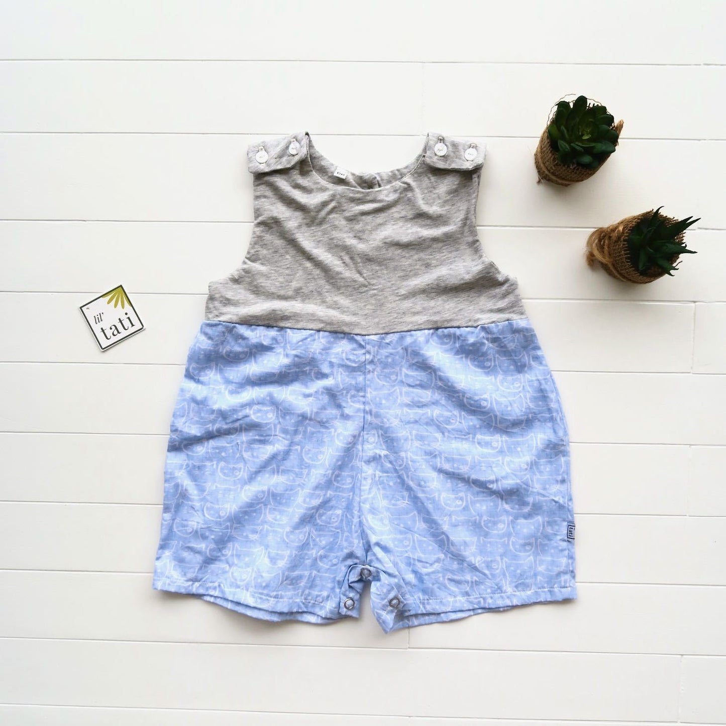 Oak Playsuit in Gray Stretch and Cat Stamp Blue Print - Lil' Tati