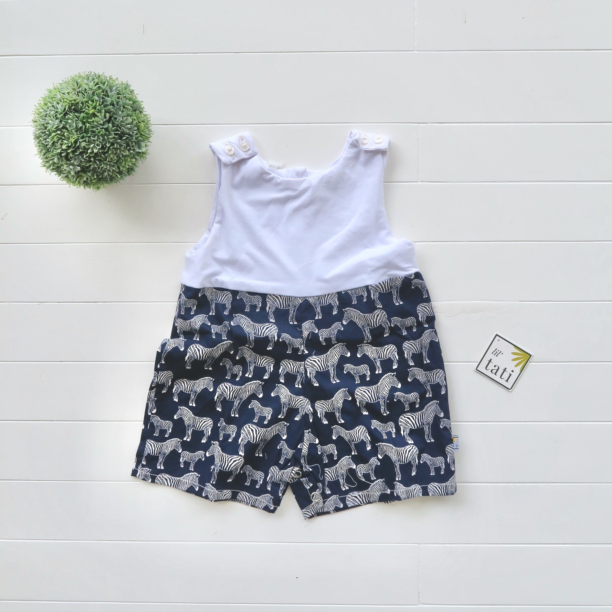 Oak Playsuit in White Stretch & Navy Zebra Print - Lil' Tati