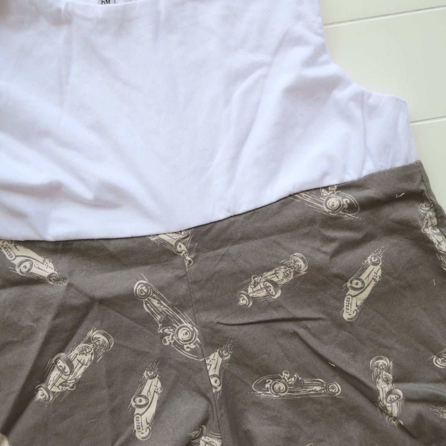 Oak Playsuit in White Stretch and Race Car Gray Print - Lil' Tati
