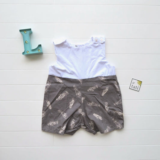 Oak Playsuit in White Stretch and Race Car Gray Print - Lil' Tati