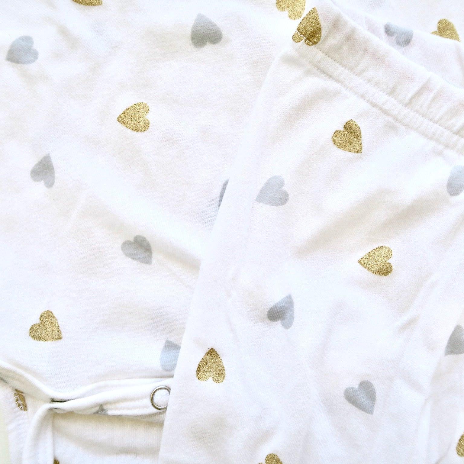 Cotton Stretch Onesie & Leggings Set - Gold Silver Hearts Print - Lil' Tati