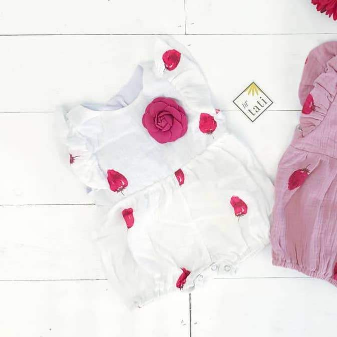 Orchid Playsuit - Ruffle Sleeves in Crepe - Strawberry White - Lil' Tati