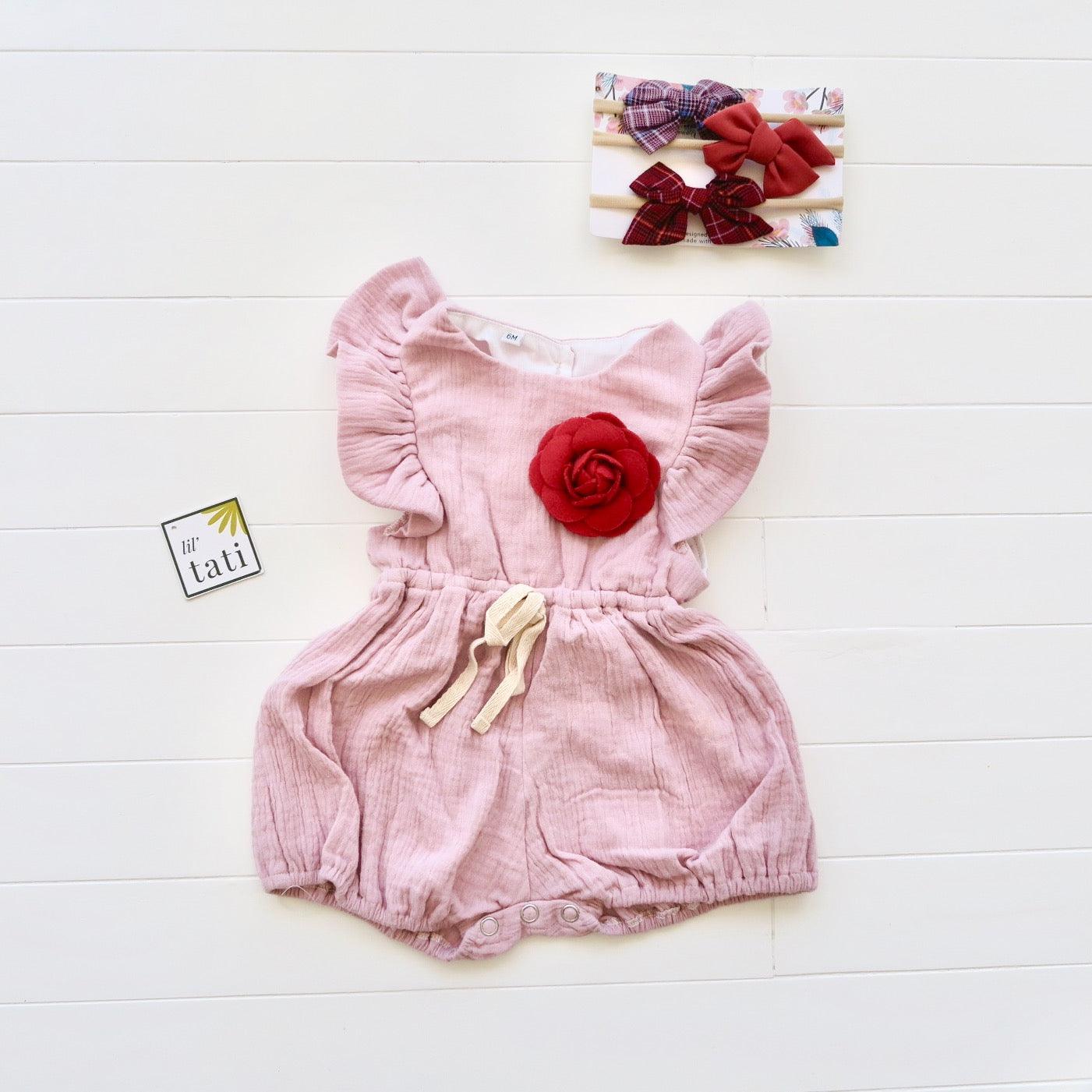 Orchid Playsuit - Ruffle Sleeves with Waist Tie in Crepe - Old Rose - Lil' Tati