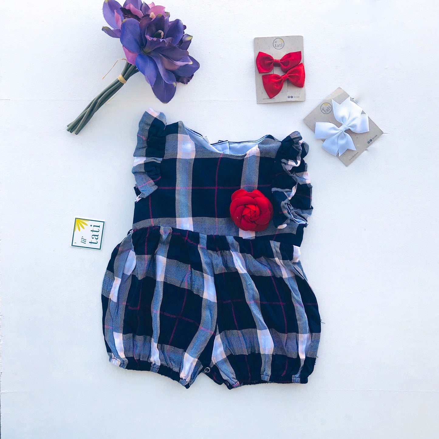 Orchid Playsuit - Ruffle Sleeves in Blue Tartan - Lil' Tati