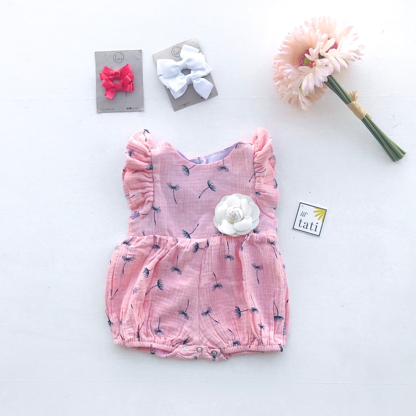 Orchid Playsuit - Ruffle Sleeves in Crepe - Dandelion Pink - Lil' Tati