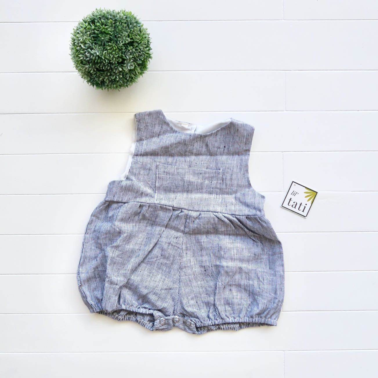 Orchid Playsuit with Front Pocket in Black Pinstripes Linen - Lil' Tati