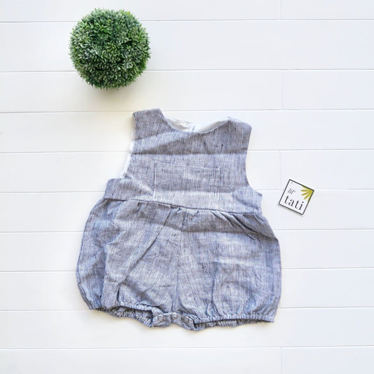 Orchid Playsuit with Front Pocket in Black Pinstripes Linen - Lil' Tati