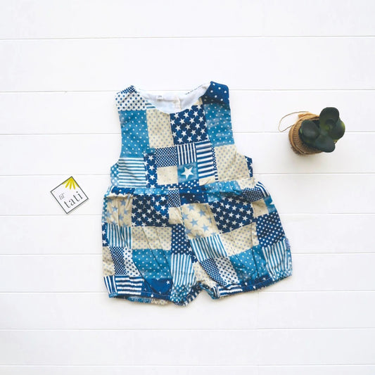 Orchid Playsuit with Front Pocket in Blue Collage Print - Lil' Tati