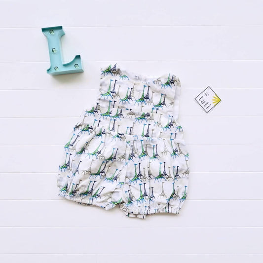 Orchid Playsuit with Front Pocket in Blue Giraffe Print - Lil' Tati