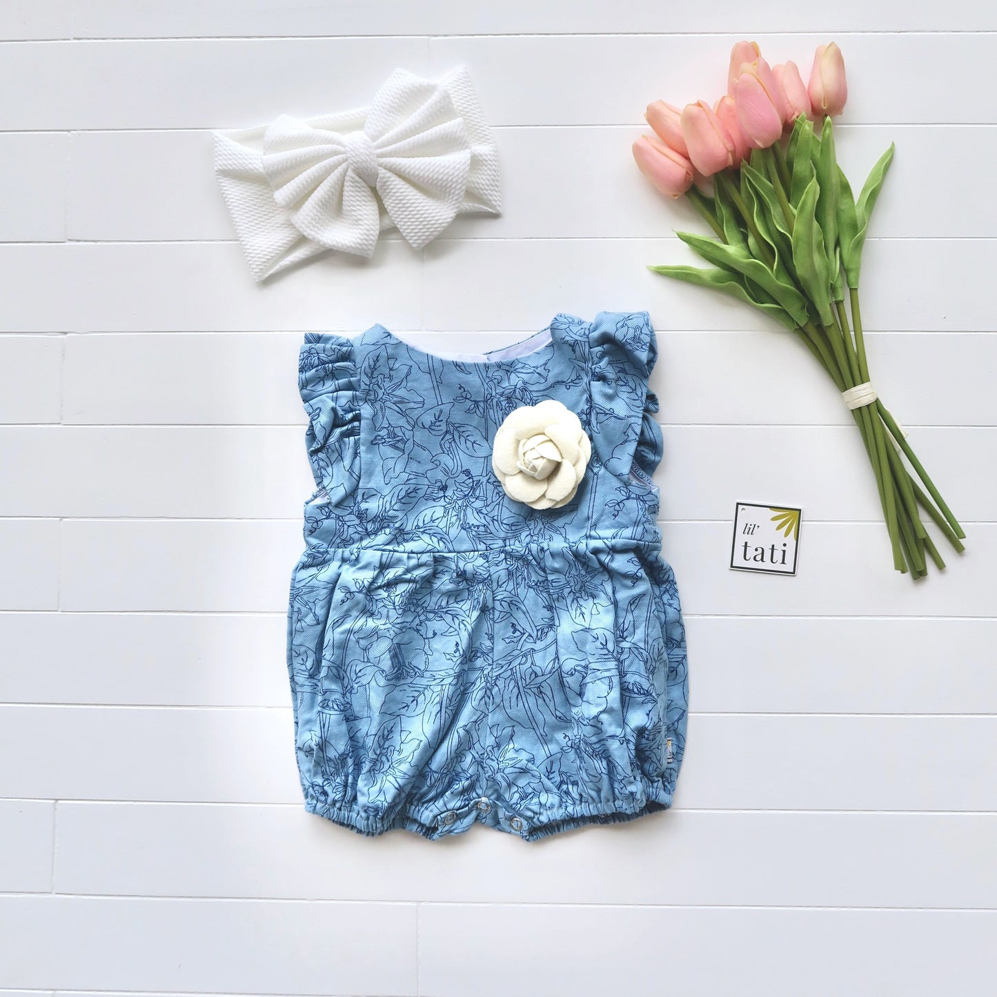 Orchid Playsuit - Ruffle Sleeves in Blue Floral Sketch - Lil' Tati
