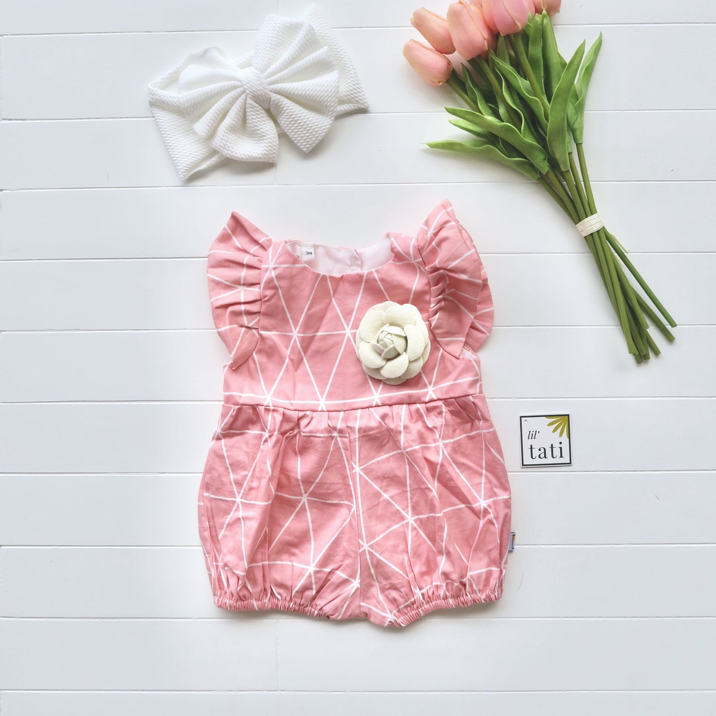 Orchid Playsuit - Ruffle Sleeves in Pink Triangles - Lil' Tati