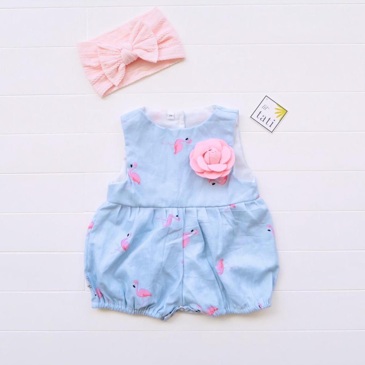 Orchid Playsuit in Mini Flamingo Blue Print - Lil' Tati