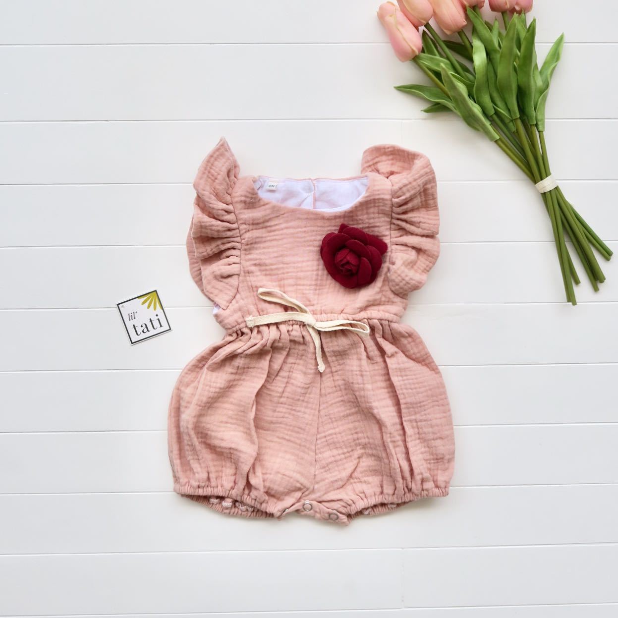 Orchid Playsuit - Ruffle Sleeves with Waist Tie in Crepe - Pale Blush - Lil' Tati