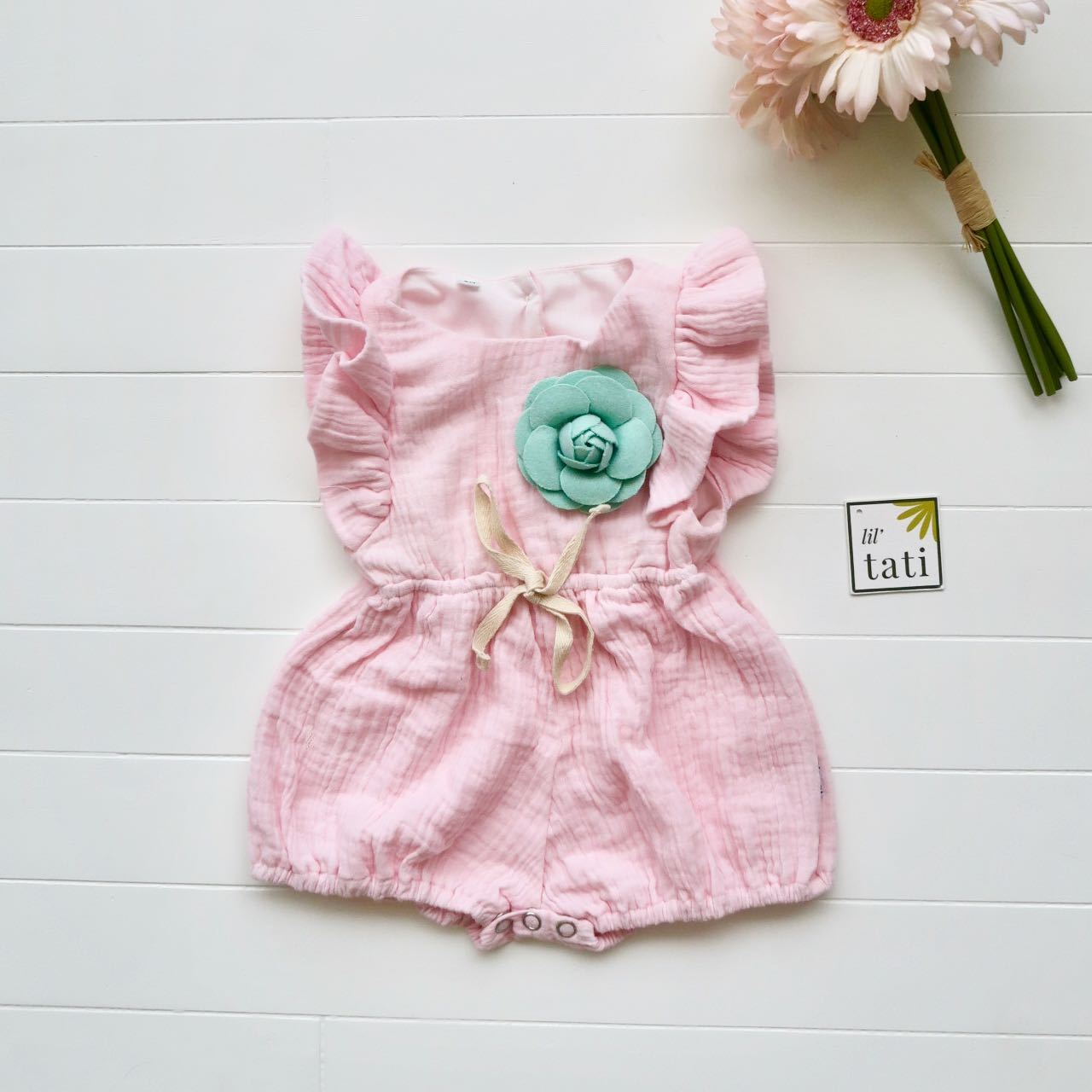 Orchid Playsuit - Ruffle Sleeves with Waist Tie in Crepe - Pink - Lil' Tati