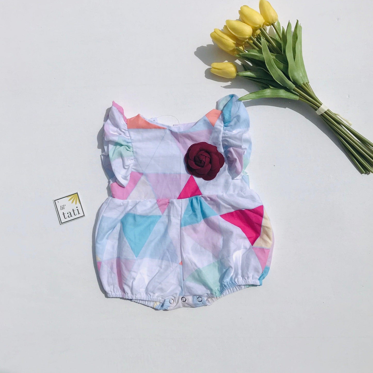 Orchid Playsuit - Ruffle Sleeves in Bright Triangles - Lil' Tati