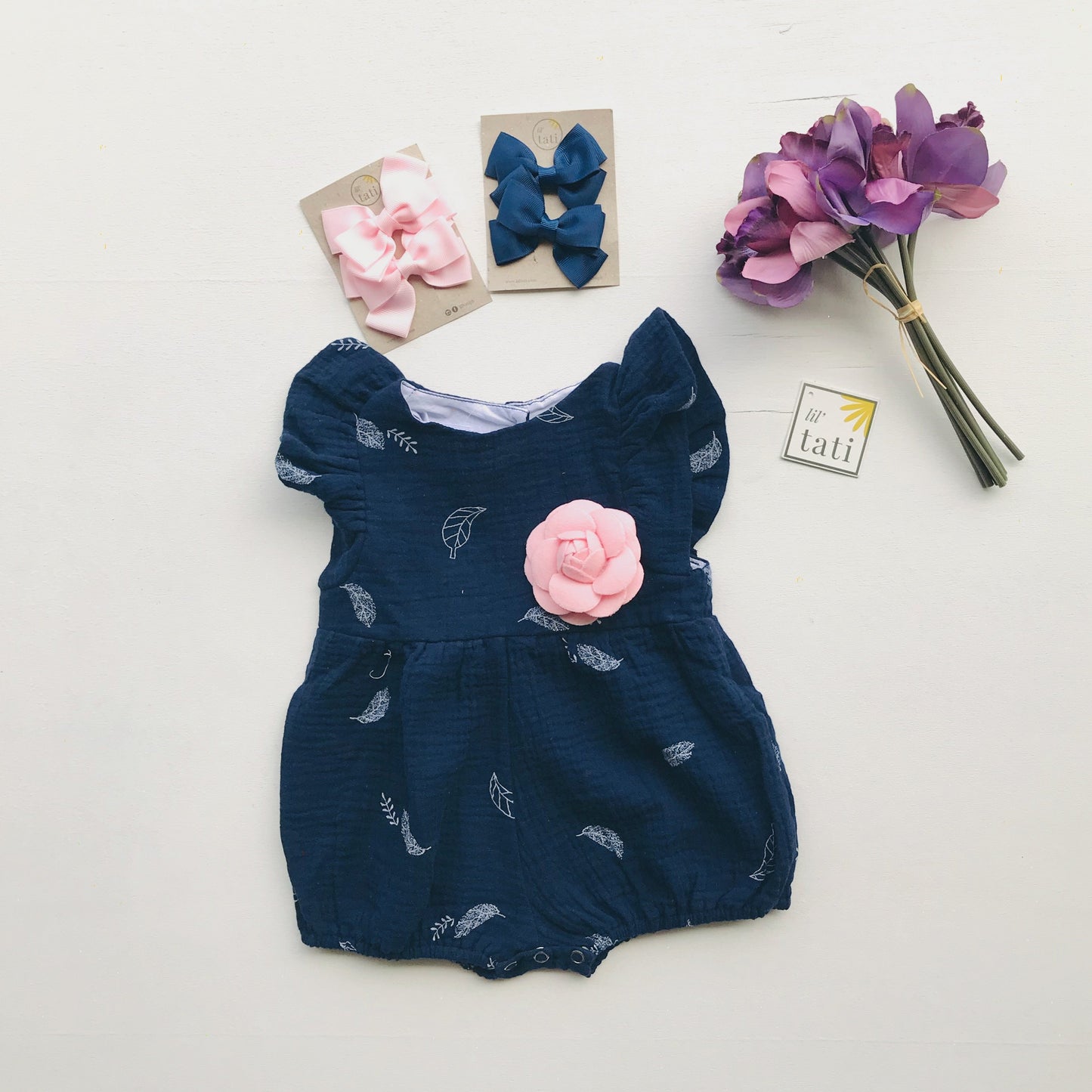 Orchid Playsuit - Ruffle Sleeves in Crepe - Leafy Dark Blue - Lil' Tati