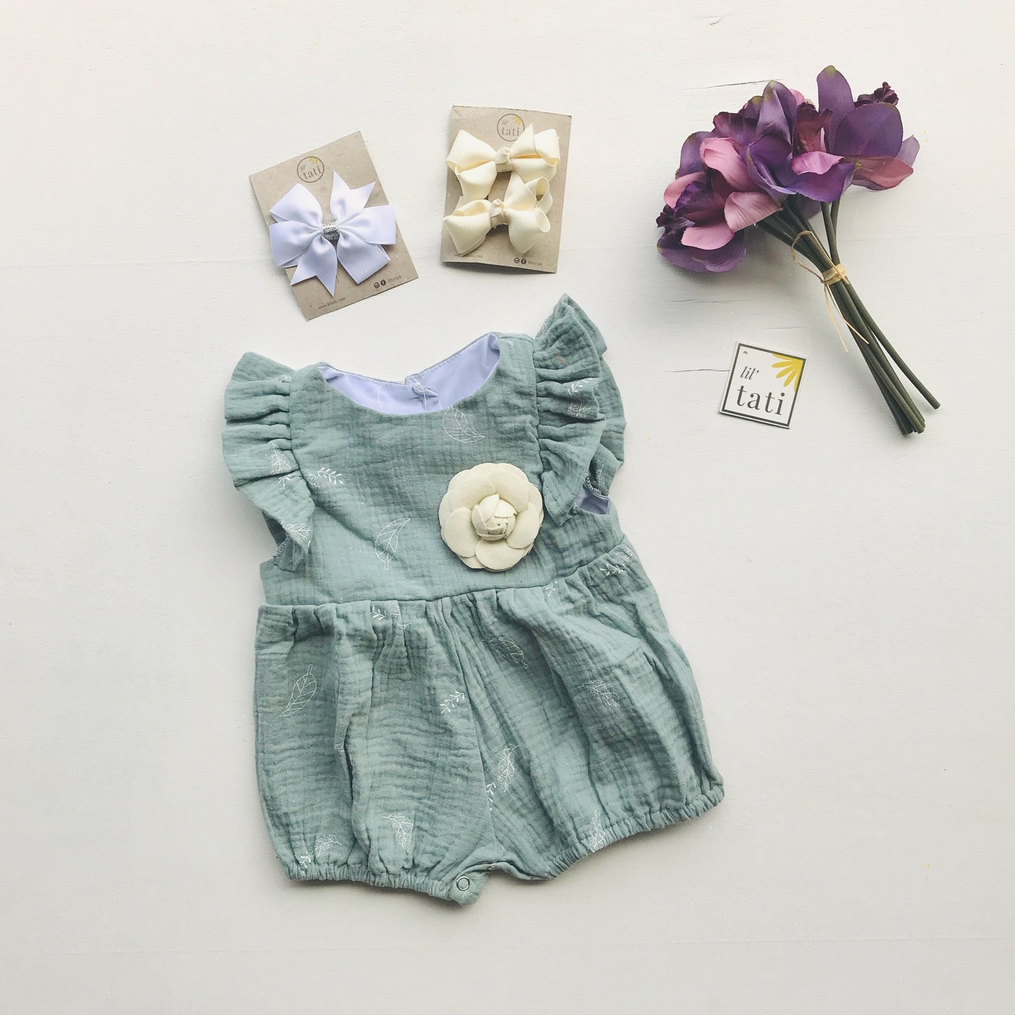 Orchid Playsuit - Ruffle Sleeves in Crepe - Leafy Sage Green - Lil' Tati