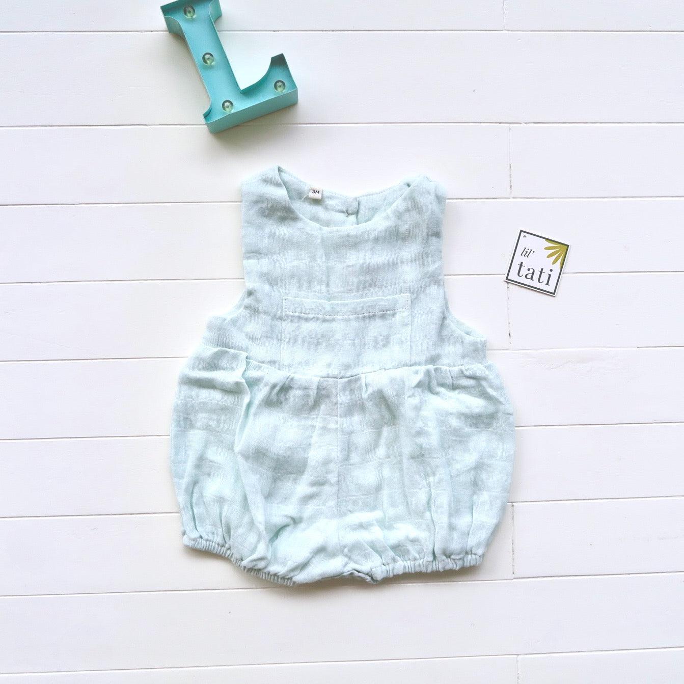 Orchid Playsuit with Front Pocket in Organic Muslin -Blue - Lil' Tati