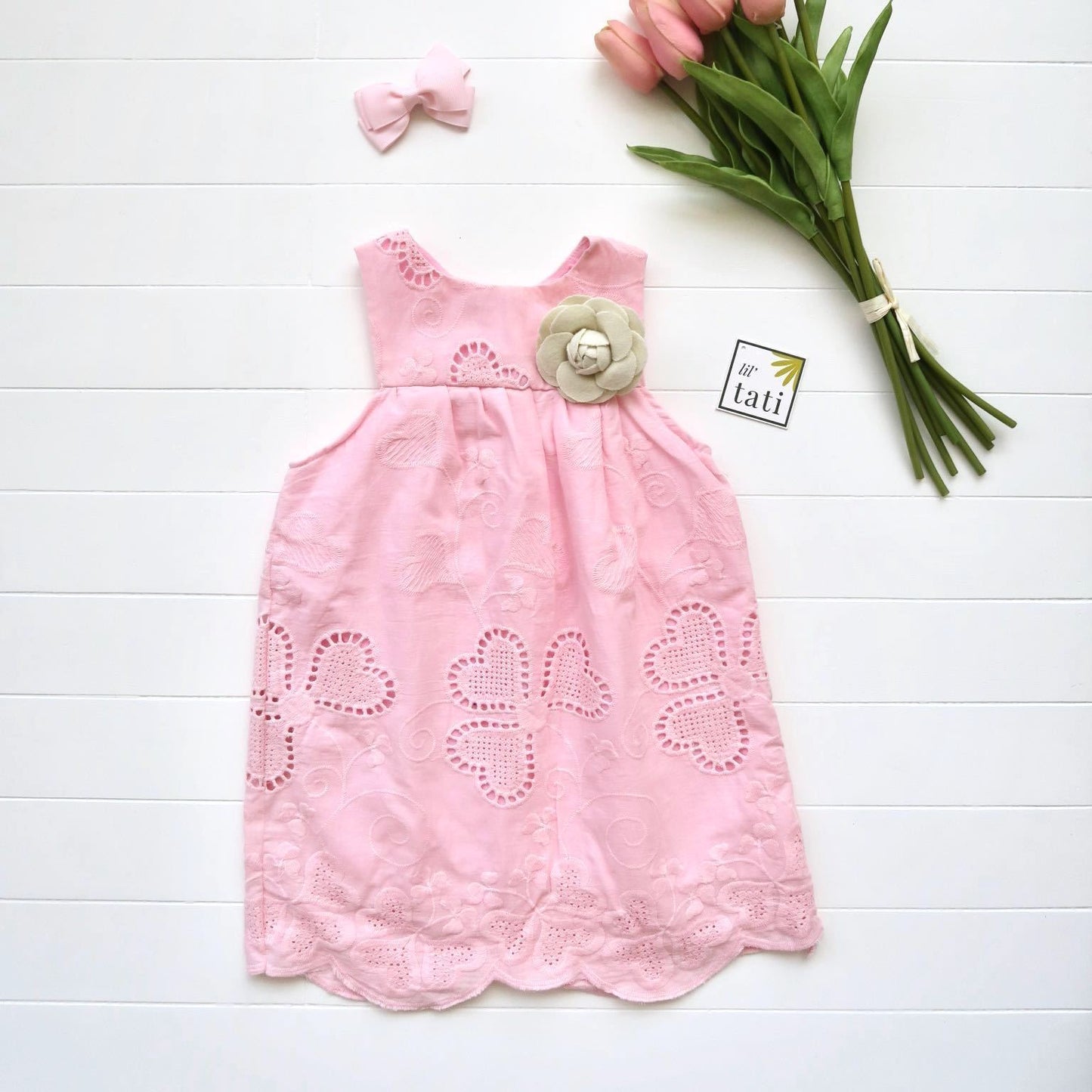 Peony Dress in Hearts Eyelet Pink - Lil' Tati