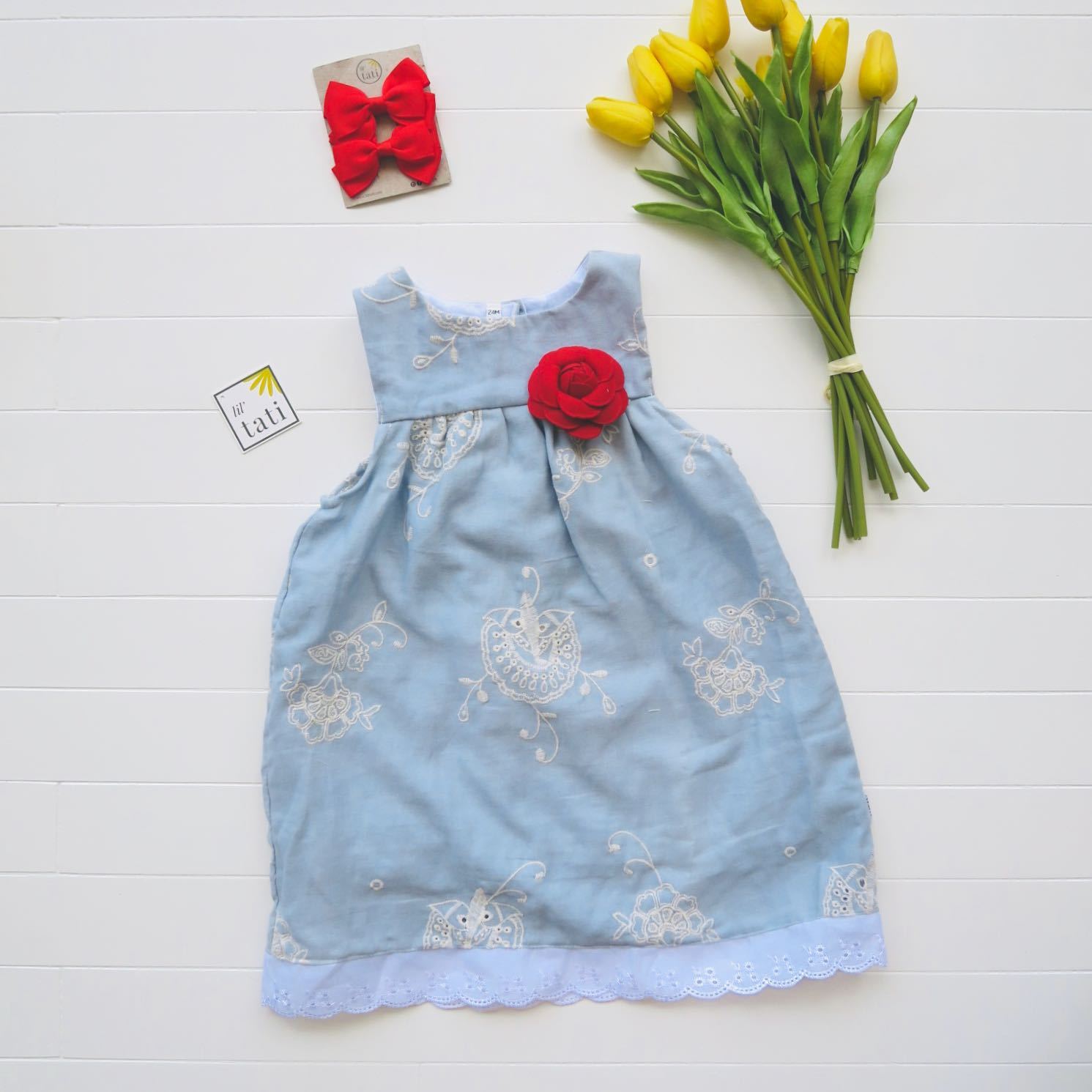 Peony Dress in Sky Embroidery - Lil' Tati
