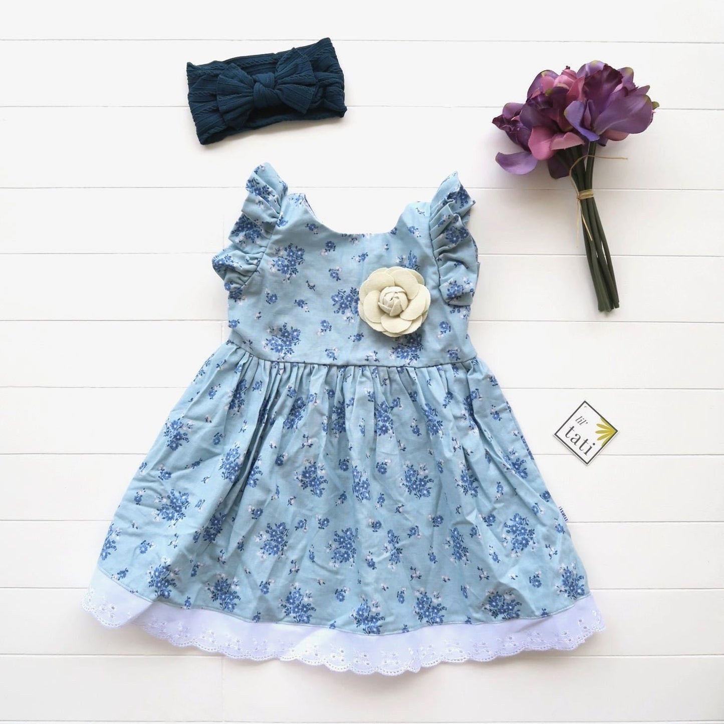 Periwinkle Dress in Blue Green Flowers Print - Lil' Tati