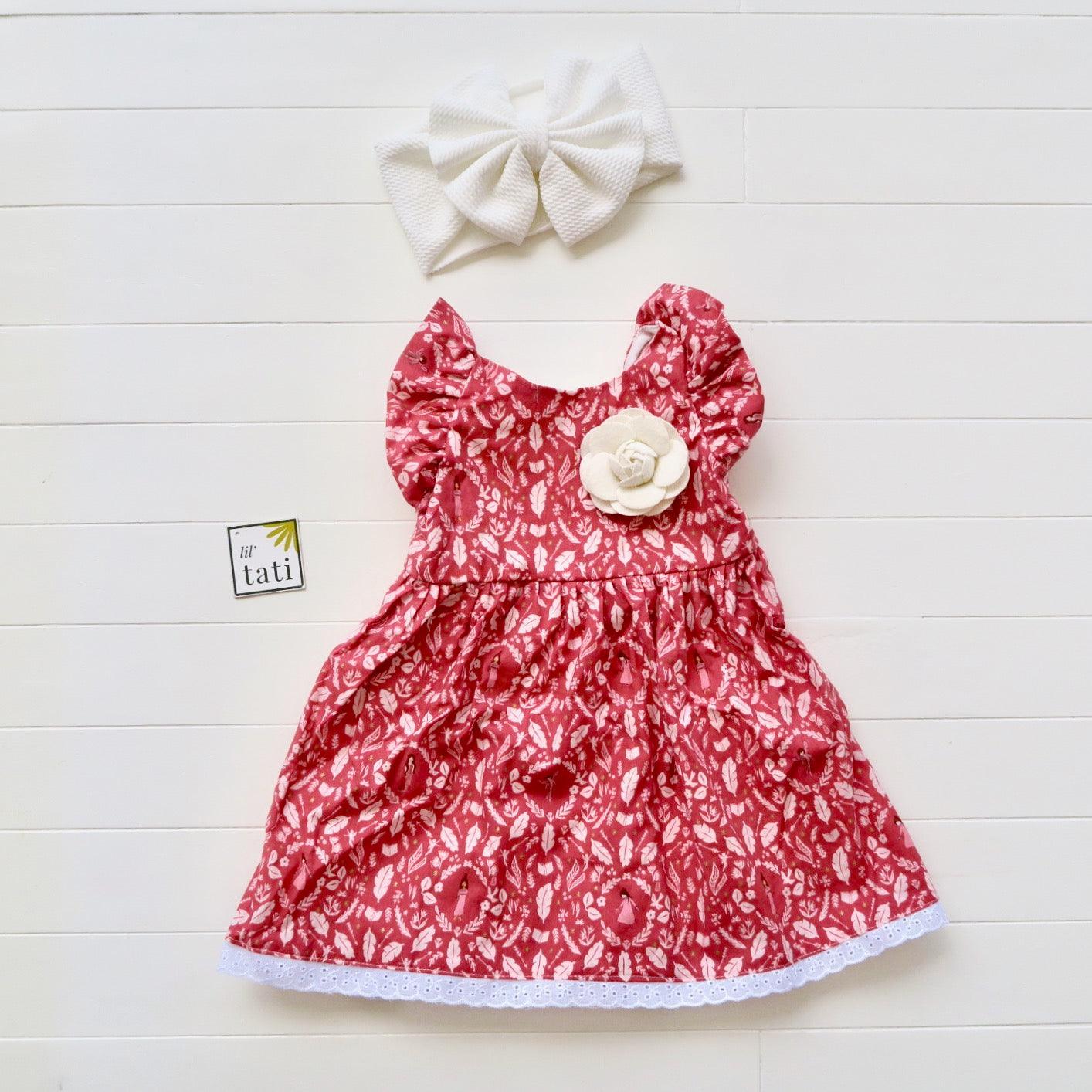 Girls' Flutter Sleeves Pastel Fairy Tale Red Print Dress | Lil' Tati Girls' Flutter Sleeves Pastel Fairy Tale Red Print Dress | Lil' Tati