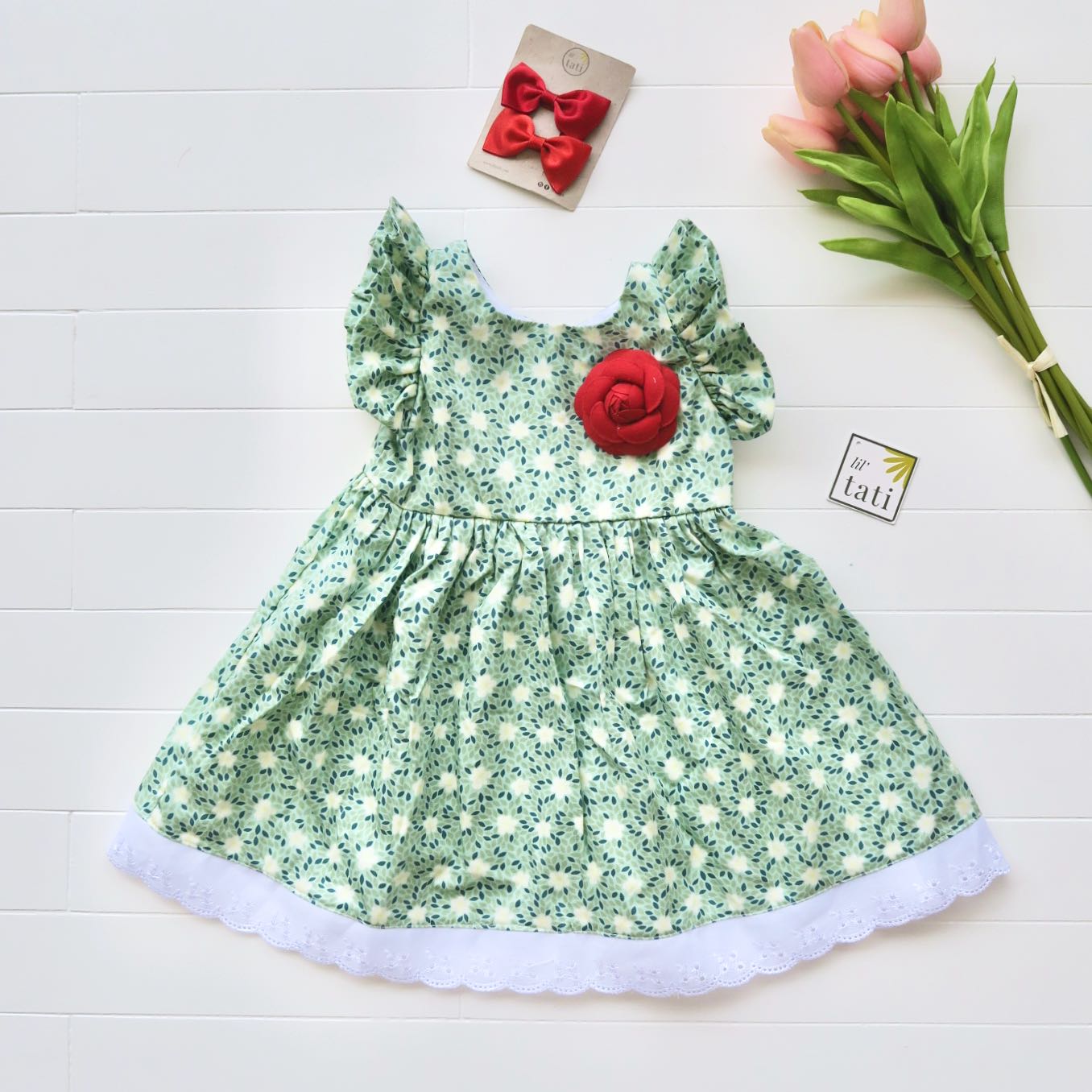 Periwinkle Dress in Mint Petal Flower Print - Lil' Tati
