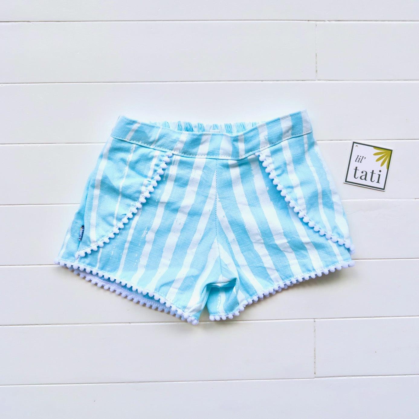 Pompom Shorts in Blue Paint Streaks Linen - Lil' Tati