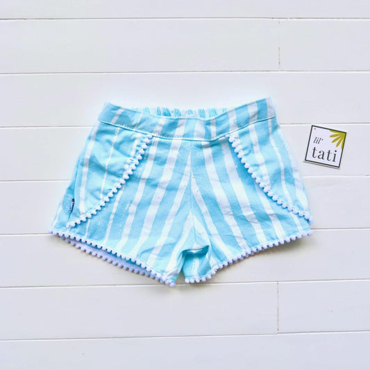 Pompom Shorts in Blue Paint Streaks Linen - Lil' Tati