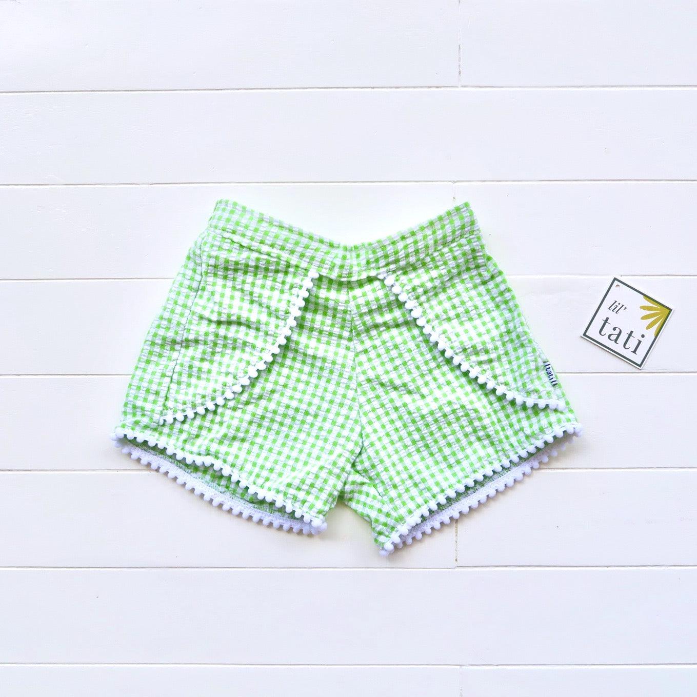 Pompom Shorts in Green Seersucker - Lil' Tati