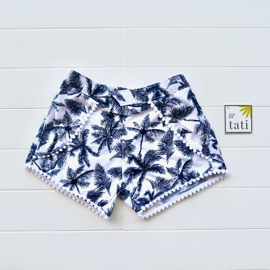 Pompom Shorts in Navy Coconut Trees - Lil' Tati