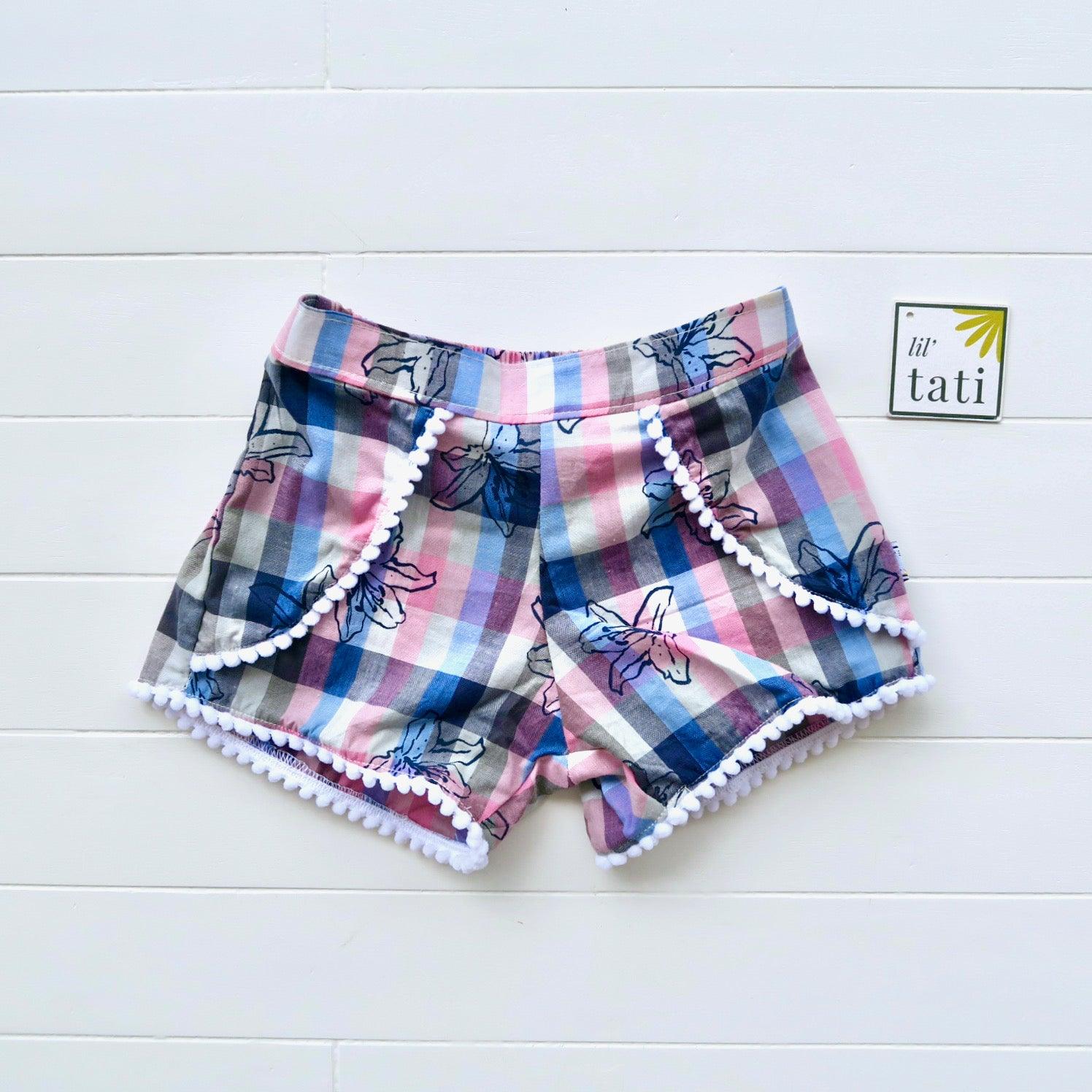 Pompom Shorts in Purple Checkered Floral - Lil' Tati