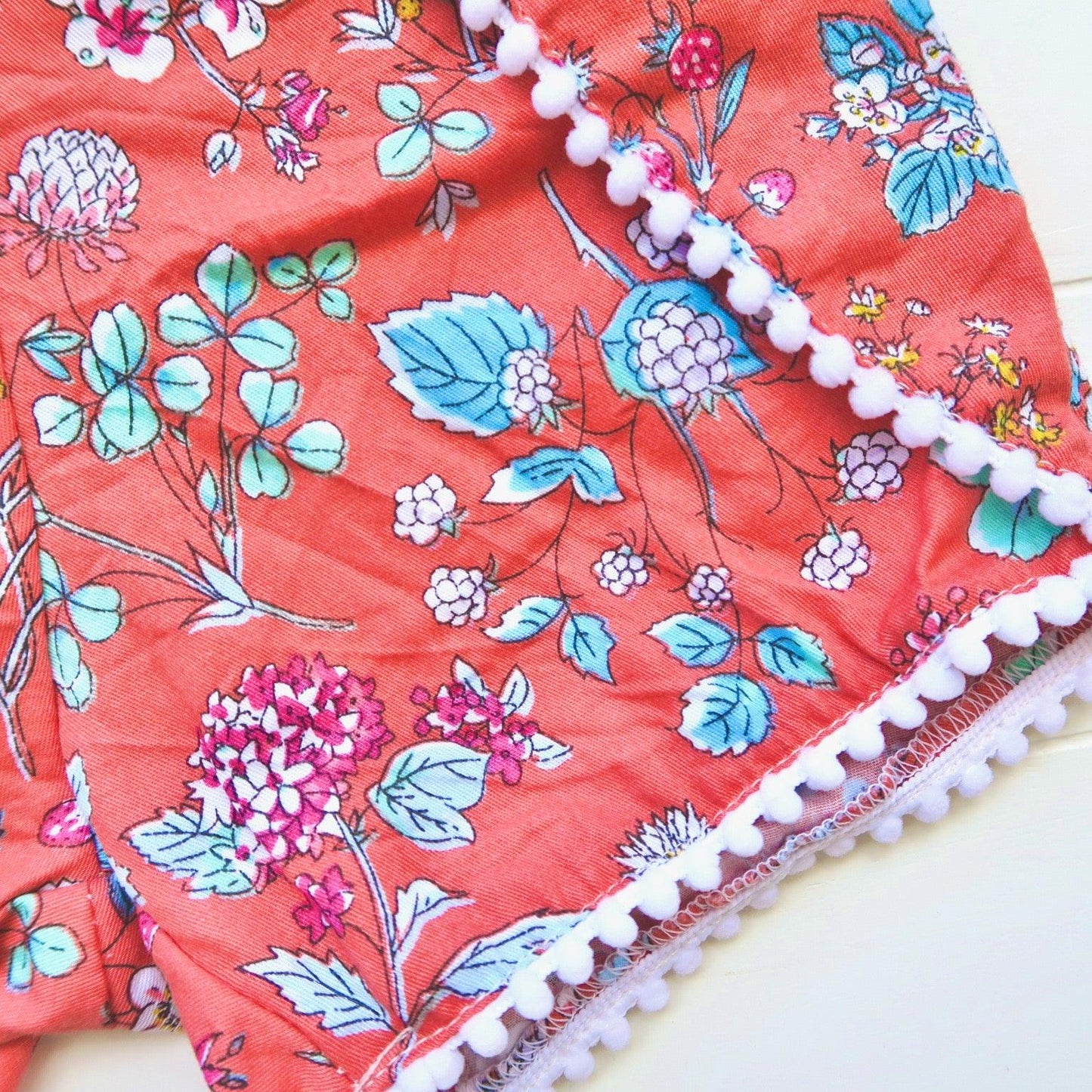 Pompom Shorts in Red Orange Garden Print - Lil' Tati