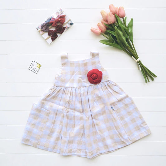 Poppy Dress in Beige Checkered Linen - Lil' Tati