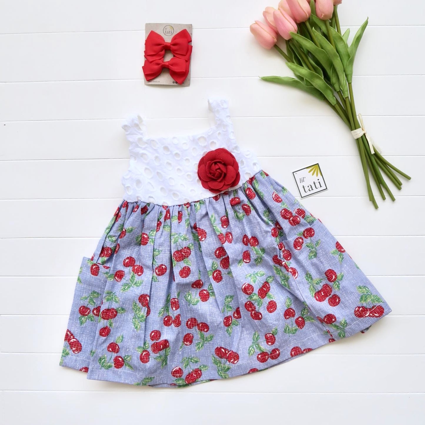 Poppy Dress in White Embroidery and Sky Cherries - Lil' Tati
