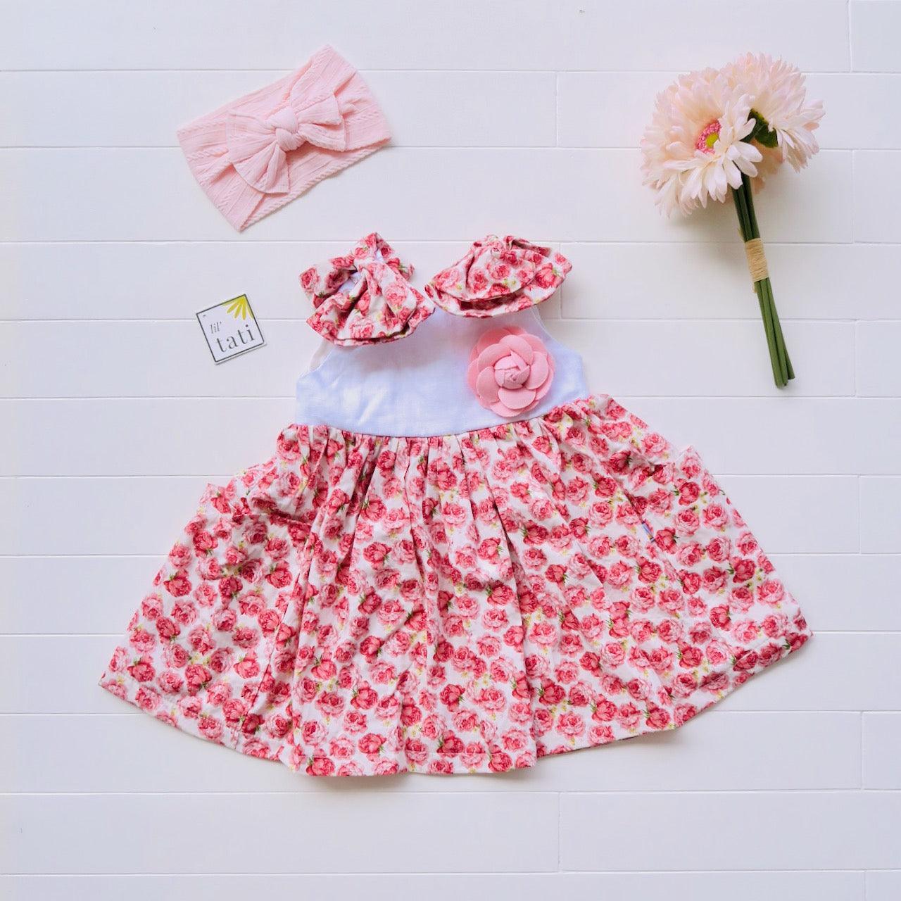 Poppy Ribbon Dress in Pretty Roses and White Linen - Lil' Tati
