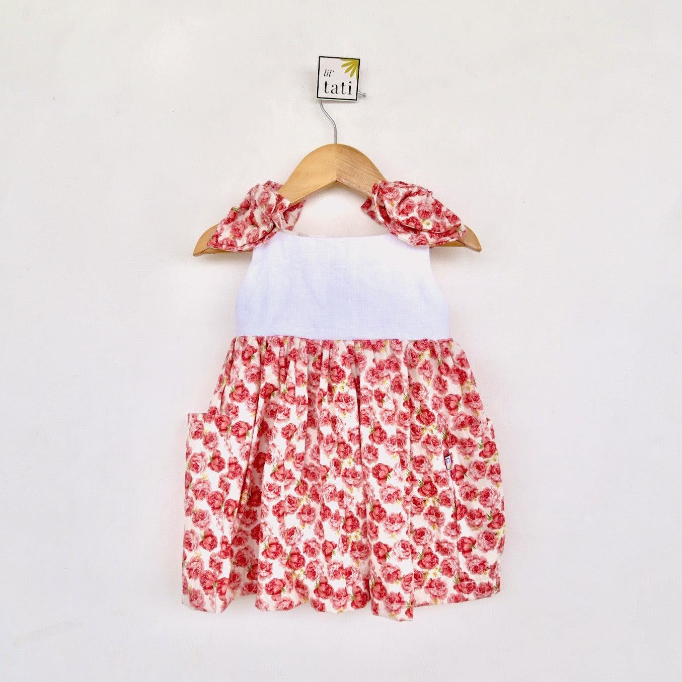 Poppy Ribbon Dress in Pretty Roses and White Linen - Lil' Tati
