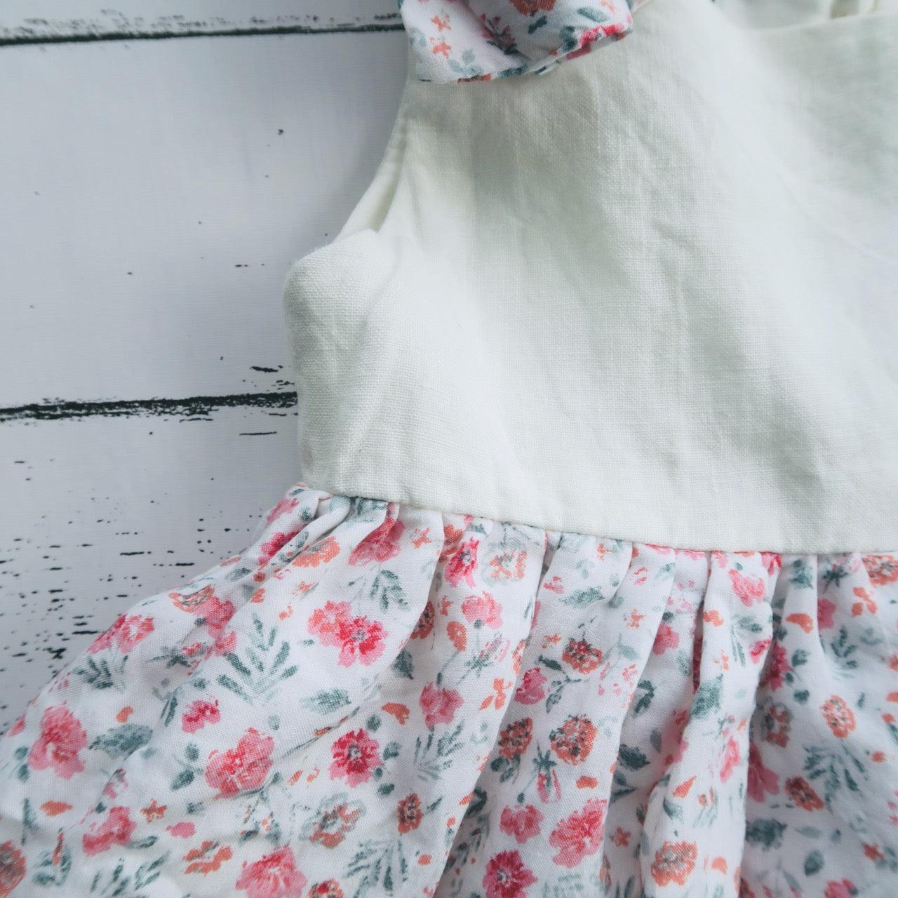 Poppy Ribbon Dress in Soft Pink Flowers and White Linen - Lil' Tati