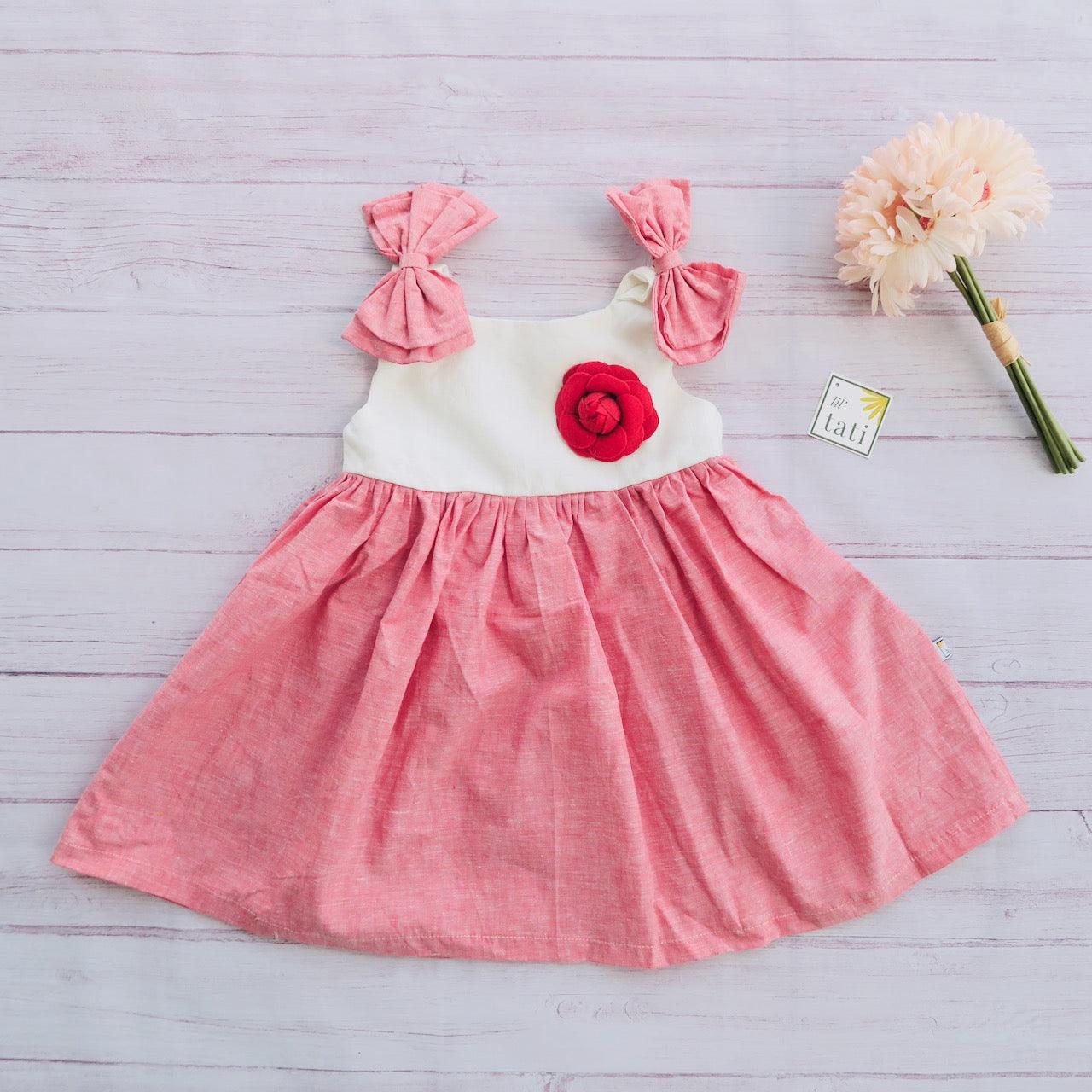 Poppy Ribbon Dress in Red Linen and White Linen - Lil' Tati