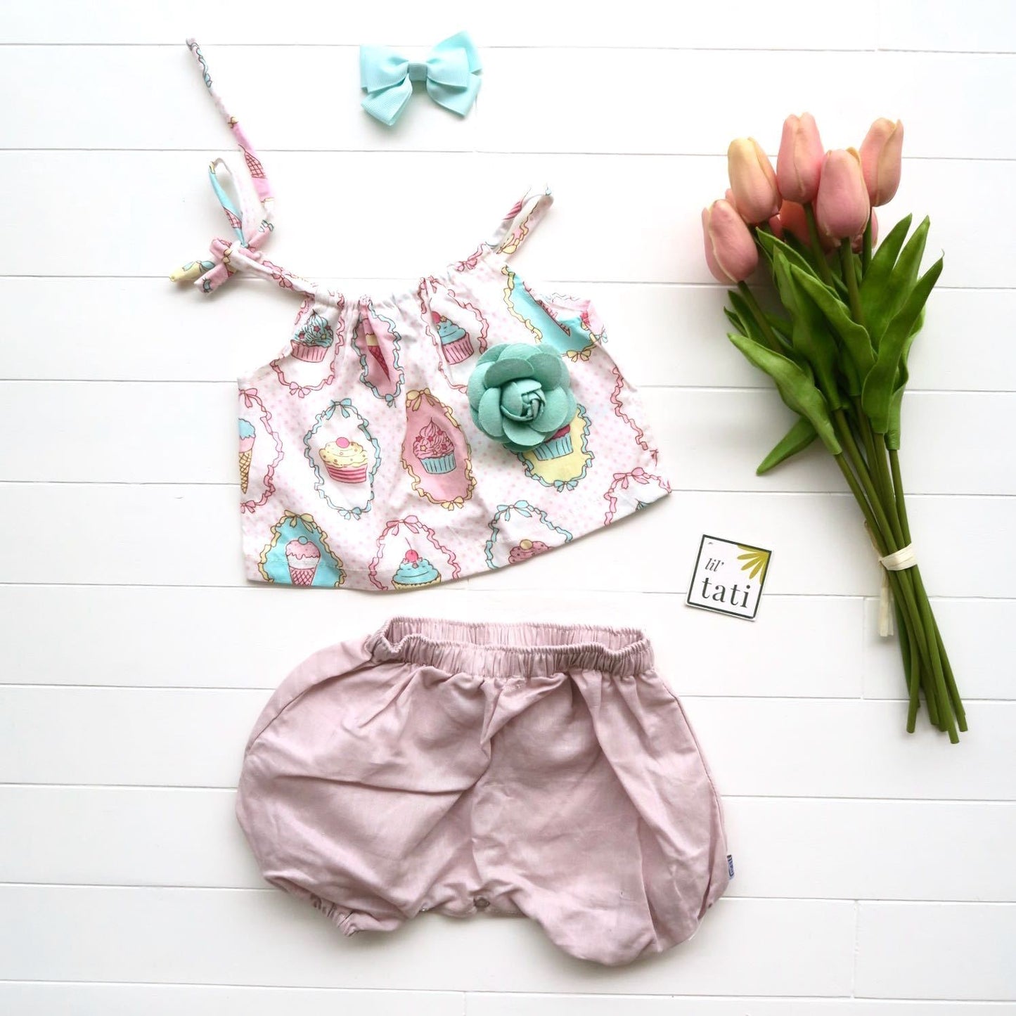 Quince Top and Bloomers in Sweet Dessert and Old Rose Linen - Lil' Tati