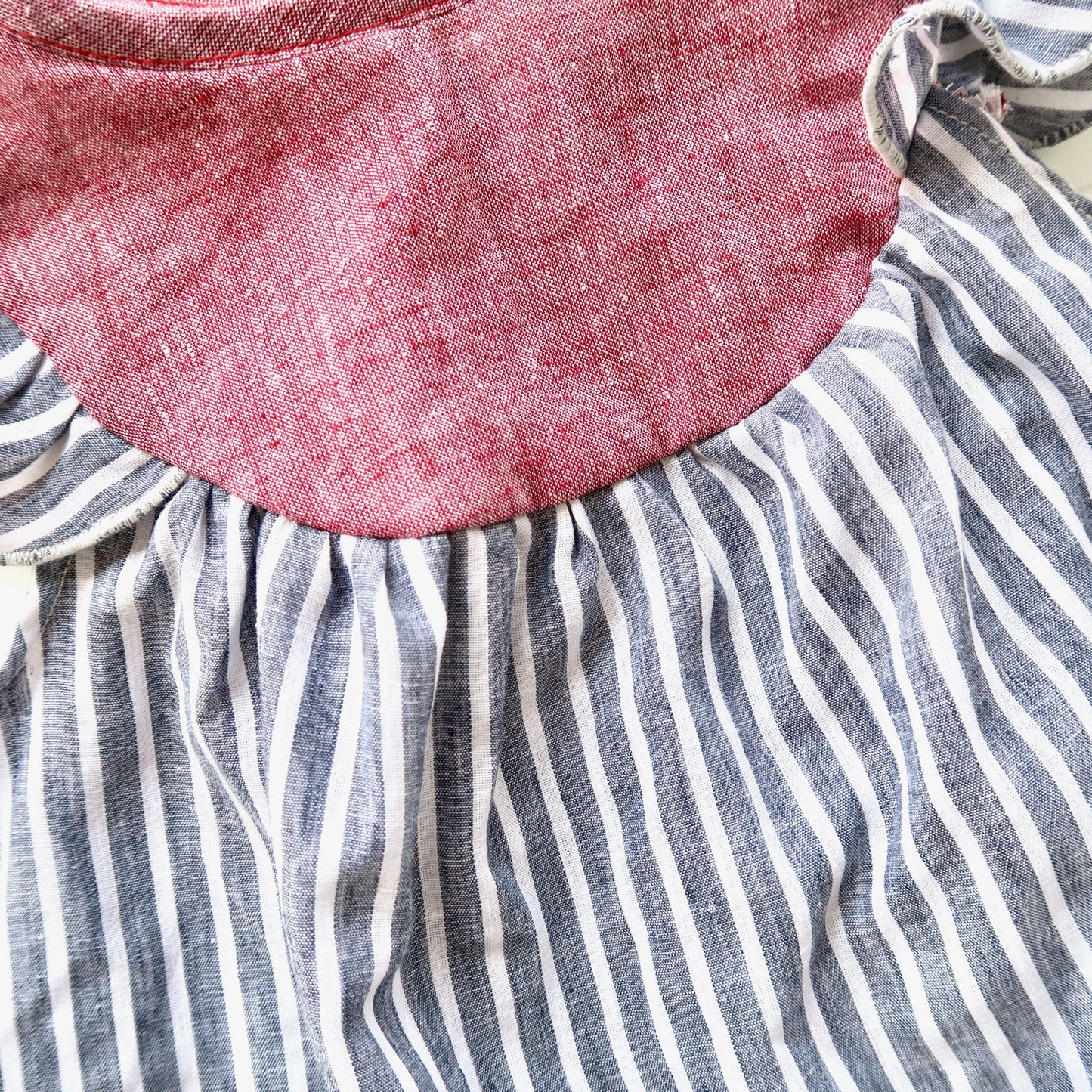 Rosemary Dress in Maroon Linen & Deep Blue Stripes - Lil' Tati