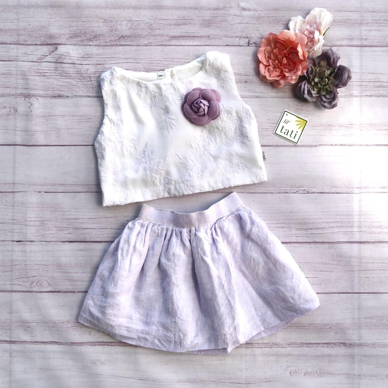 Sage Top and Skirt in White Flower Embroidery and Lilac Linen - Lil' Tati