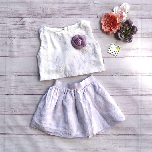 Sage Top and Skirt in White Flower Embroidery and Lilac Linen - Lil' Tati