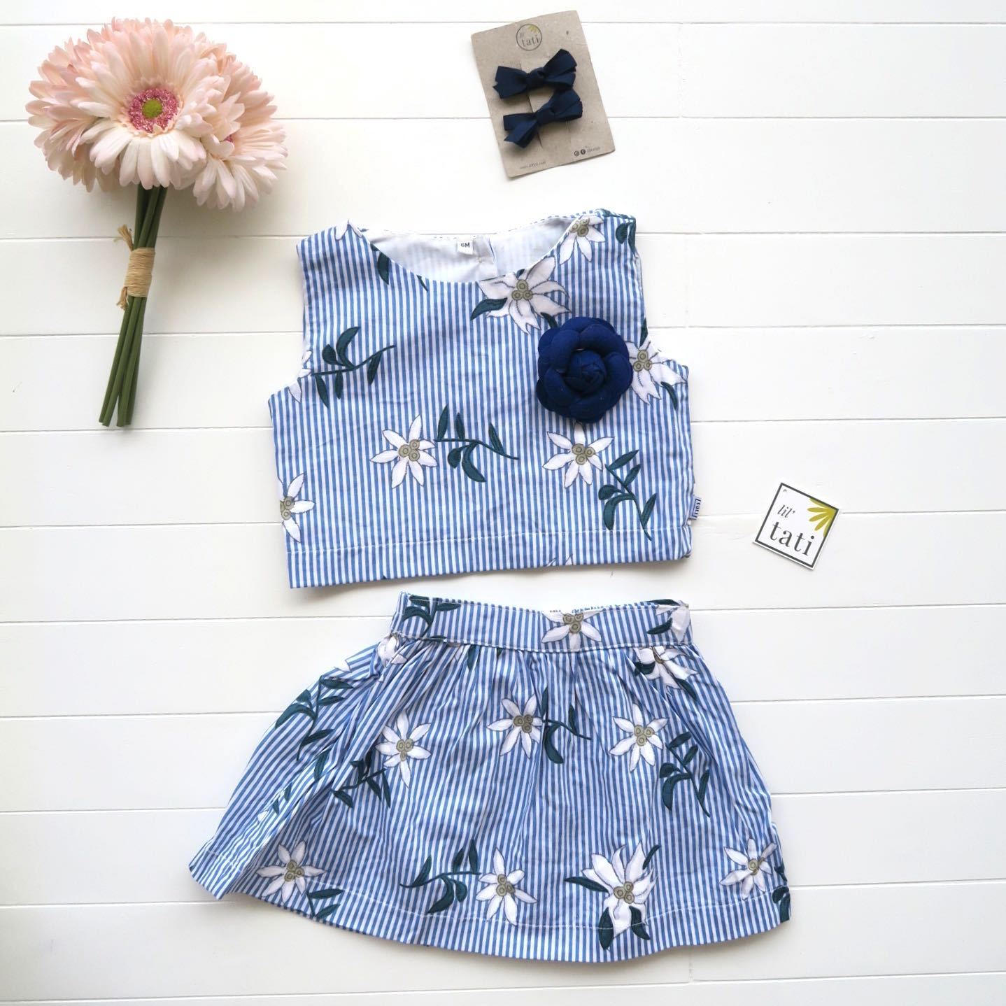 Sage Top and Skirt in White Flower Stripes - Lil' Tati