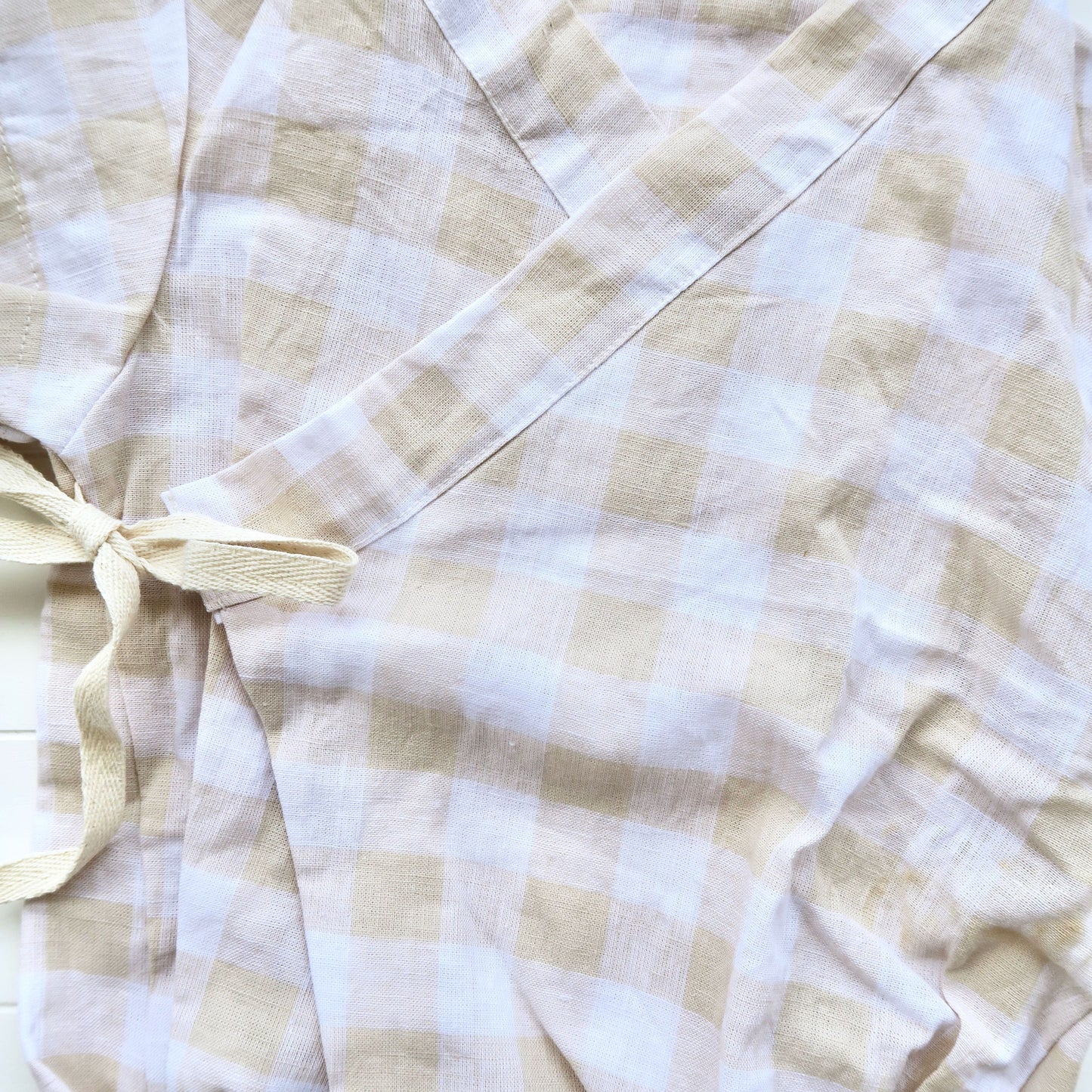 Sakura Kimono Onesie in Beige Checkered Linen - Lil' Tati